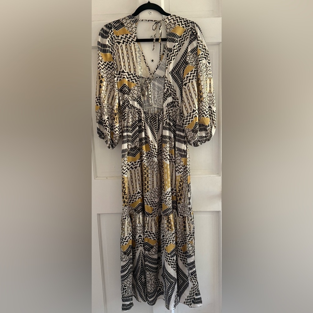Melloday Print Tie Back Tiered Midi Dress Size S Boho Long Sleeve - Picture 7 of 8